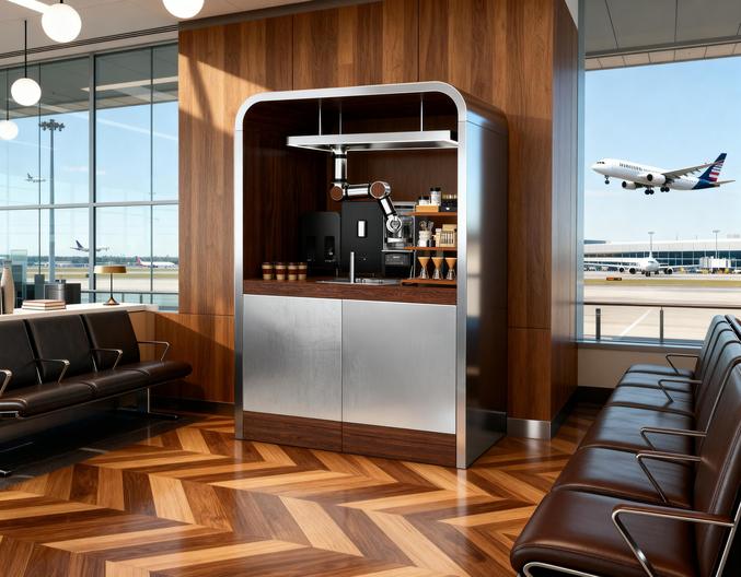 The module against a wood wall in an airport lounge &mdash; concept render