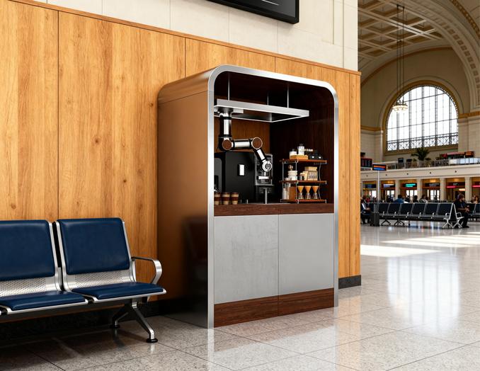 The module in a rail-station concourse beside the seating &mdash; concept render